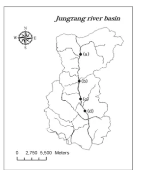 Fig. 1.  Sampling  sites  of  this  study  :  (a)  Singok  bridge,  (b)  Sang- Sang-do  bridge,  (c)  Wolgae  1  bridge,  (d)  Jungrang  bridge.