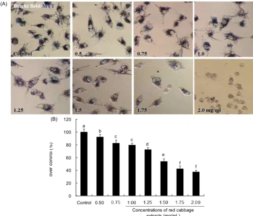 Fig. 1. The effect of red cabbage extract (RCE) on cell viability in human breast cancer  MDA-MB-231 cells