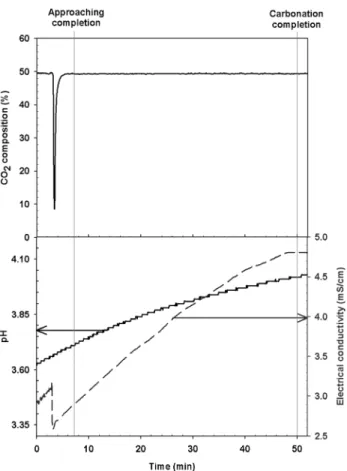 Table 3.  Amount  of  Ca  involved  in  mineral  carbonation  according  to  CO 2   composition  variation  of  feeding  gas  and  their  performance 