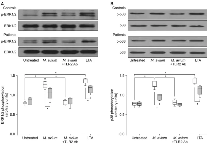 Figure 1. Mycobacterium avium-induced extracellular signal-regulated kinase (ERK1/2) and p38 expression in peripheral blood monocytes from patients with  M