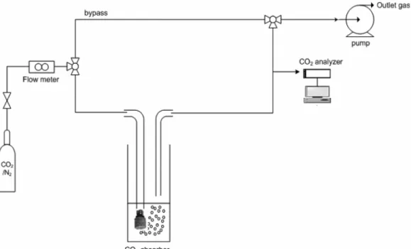 Fig. 1.  Schematic  diagram  of  experimental  apparatus. 응이 일어나며,  이 반응은 zwitterion  메커니즘을 따르는 것으로 알려져 있다.15,16)  MEA (MonoEthanolAmine)와 같은 대표적인 1, 2급 알카놀아민에 포함되어 있는 질소의 lone pair(고립전자쌍;  비금속과  금속간의  공유  결합을  하였을  때 두  원소가  전자를  공유하지  않는  쌍을  말하며,  다른  원