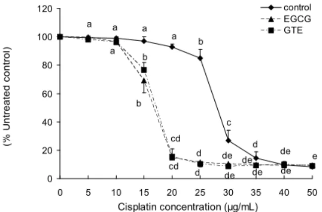Fig. 5. Microscopy of cisplatin (CIS) and GTE-treated CT26 cells. Cisplatin (CIS: 20 μM) and GTE (75 μg/mL) added to  cul-ture medium for 24 hours and examined under inverted microscope.