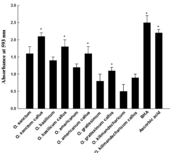 Fig. 5 Fe 2+  chelating activities of five different Ocimum species  leaves and their in vitro leaf callus extracts