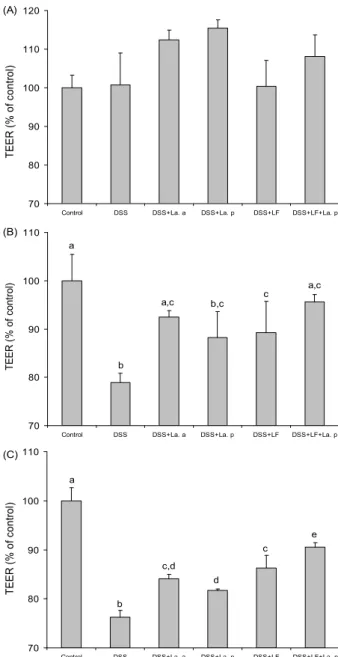 Fig. 1. Results are expressed as percent of control in TEER (transepithelial electrical resistance) measurements of  HCT-116 cells at 3 different stages of the experiment
