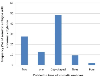 Fig. 3 Plant regeneration from somatic embryos with normal or  abnormal cotyledons on MS basal medium (A), ½ MS medium (B), 