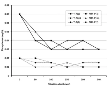Fig.  9.  Nitrogen  concentrations  along  the  filtration  depth  ac- ac-cording  to  the  grain  size  (cross-flow  velocity  30  cm/sec,  filtration  rate  4  m 3 /m 2 -day)