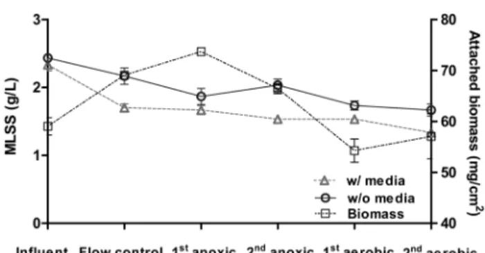 Fig.  4.  Mixed  Liquor  Suspend  Solid  (MLSS)  and  attached  bio- bio-mass  on  the  media  in  each  reactor.