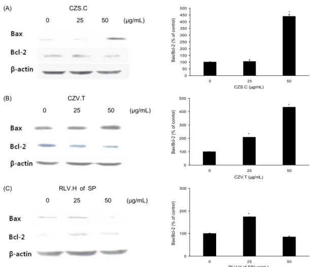 Fig. 4. Compositae extracts change the levels of Bax and Bcl-2 protein in MDA-MB-231 cells