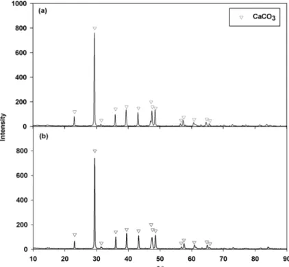 Fig.  7.  XRD  patterns  of  precipitated  substance  injecting  CO 2   (a)  into  Ca(OH) 2   dissolved  distilled  water  and  (b)  into  Ca(OH) 2   dis- dis-solved  seawater.