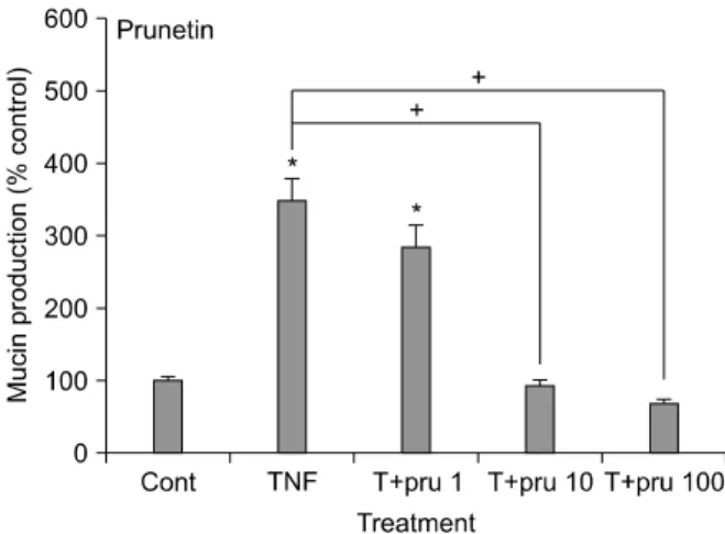 Figure  4.  Effects  of  carbenoxolone,  prunetin  and  silibinin  on  tumor  necrosis  factor  (TNF)-α-induced  MUC5AC  mucin gene  expression  from  NCI-H292  cells