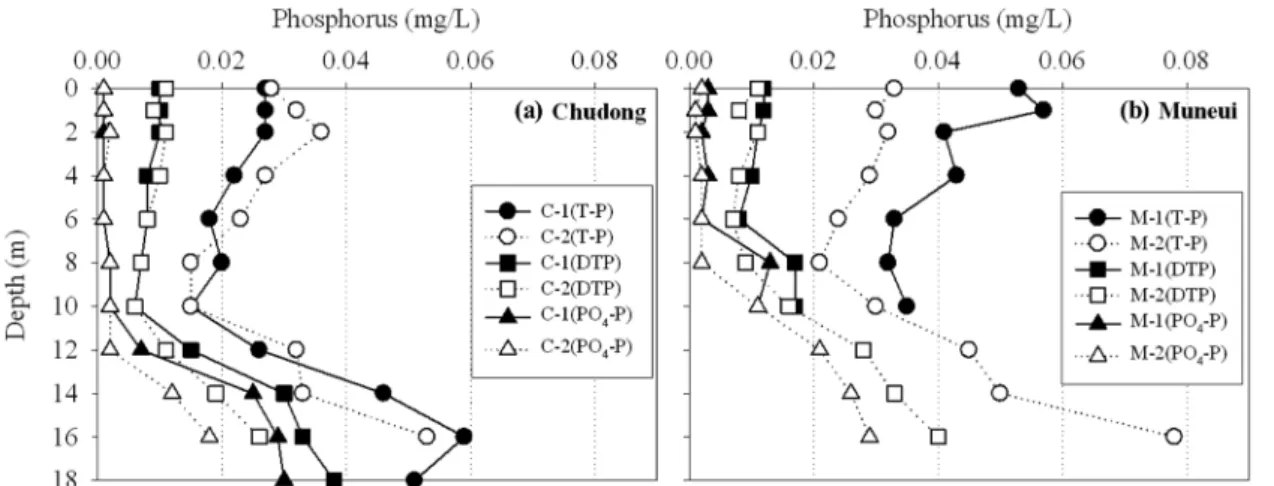 Fig.  6.  Variation  of  total  nitrogen  concentration  in  depth  at  Chudong  and  Muneui  areas.