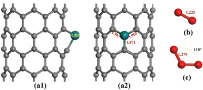 Fig. 1.  Geometric structures of Rh-CNT and gas molecules. The gray,  blue-green and red balls represent C, Rh and O atoms, respectively