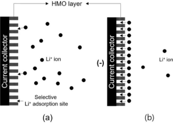 Fig. 2.  Schematic illustration of lithium ion movements in solution (a)  without electrical potential (physisorption) and (b) with electrical  poten-tial