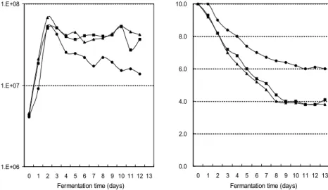 Fig. 3. Changes in residual sugar con- con-tent and cell number during 12 days of alcohol fermentation by isolated yeasts.
