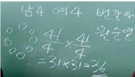[그림 Ⅳ-7] 학생 22의 오류가 포함된 수학적 사고 교사 C의 수업에서 발견된 또 다른 특징은 우수한 학생이 자신의 수학적 사고를 다른 학생들에게 보여주고 가르친다는 것이다