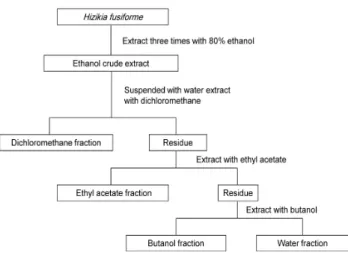 Fig. 1. Fractionation procedure of Hizikia fursiforme.해양생물은 아직 제한된 연구로 인하여 미지의 천연물질의개발에 대한 기대가 높은 편이다(4)