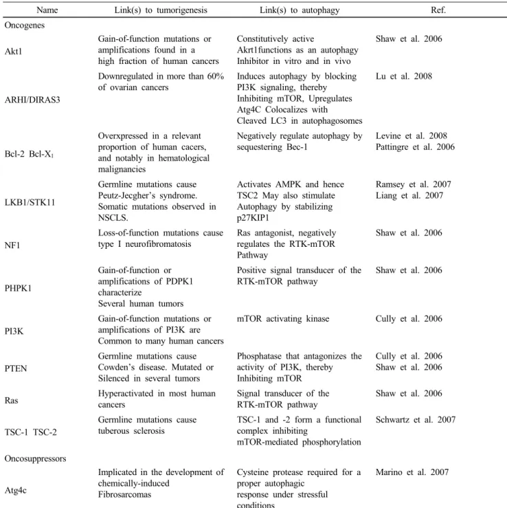 Table 3 Examples of autophagy regulation by oncoproteins and tumor sumor suppressor proteins