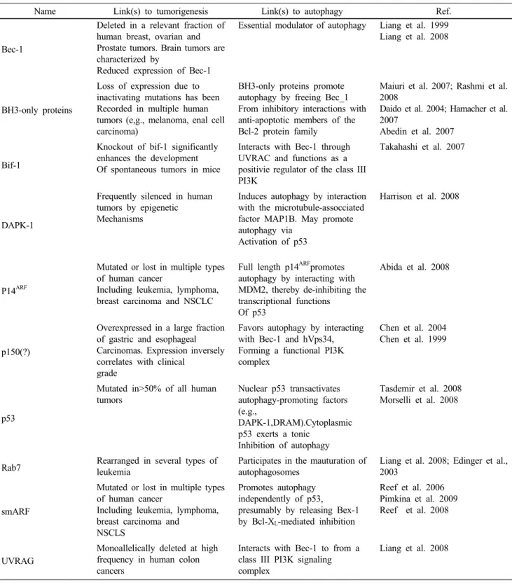 Table 3 Examples of autophagy regulation by oncoproteins and tumor sumor suppressor proteins (continued)