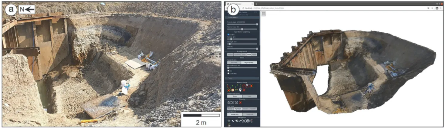 Fig. 3. (a) Photograph of the Inbo-ri trench site. (b) A captured image of the Inbo-ri point clouds reproduced by the Potree software