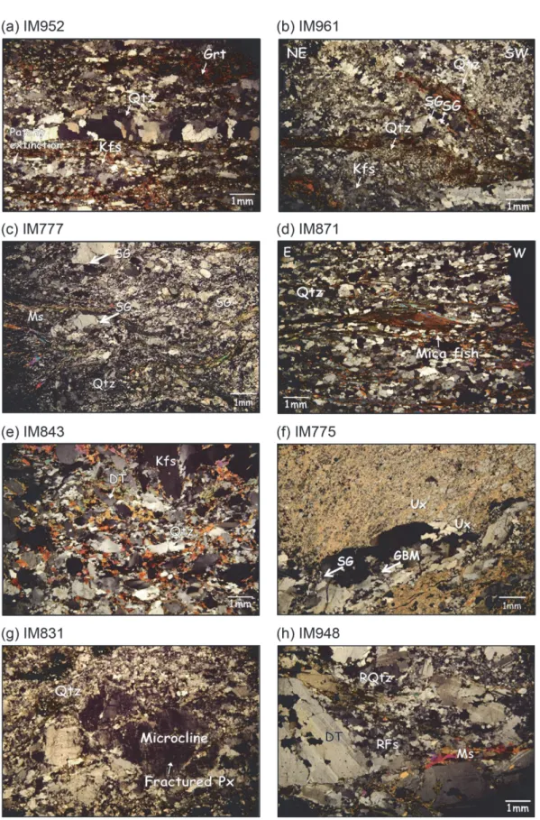 Fig. 5. Representative photomicrographs showing deformed microstructures from the biotite gneiss (a)-(d) and from the Gamaksan metasyenite (e)-(h) in the Munsan area