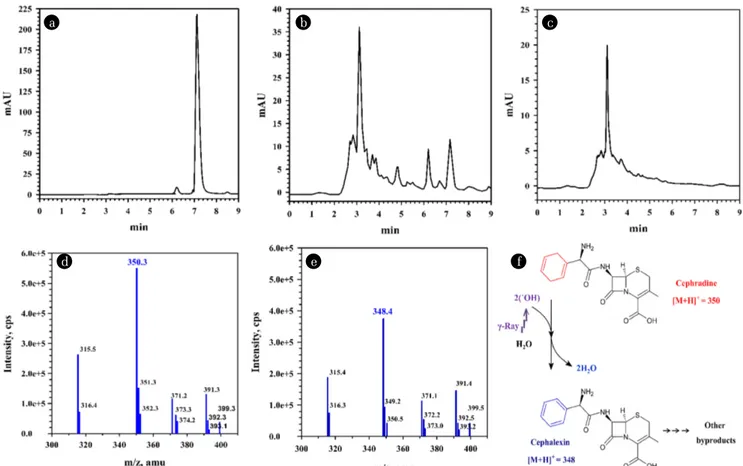 Fig. 3.  Chromatograms of the liquid chromatography analysis of untreated cephradine (a) and of cephradine treated with 0.6 kGy (b) and 1.0 kGy (c) gamma irradiation
