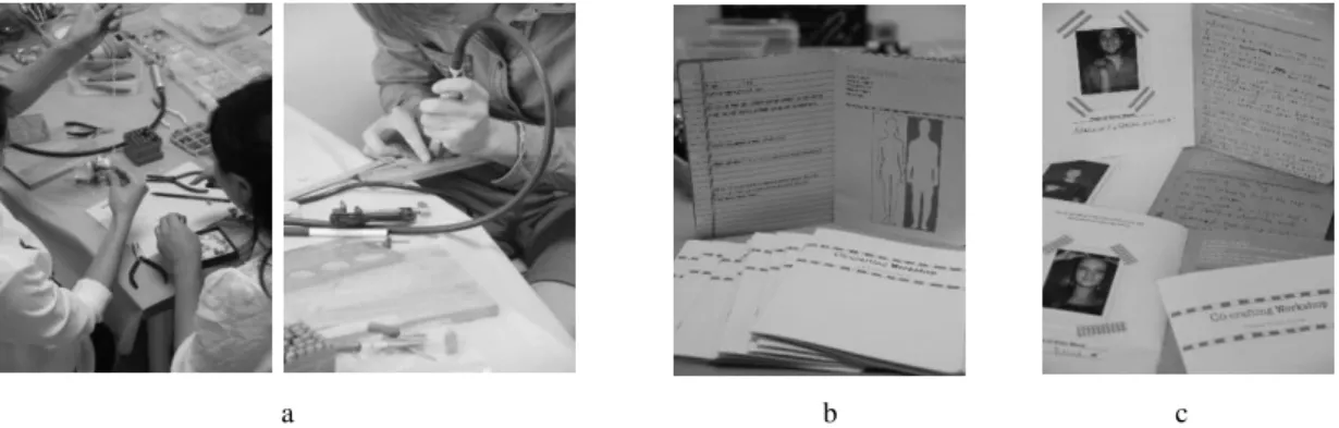 Figure 2. (a) Co-crafting workshop, Helsinki, August 17, 2013; (b) Probe - personal journals designed by the  researcher; (c) Probe – completed personal journals by participants, January 15, 2014