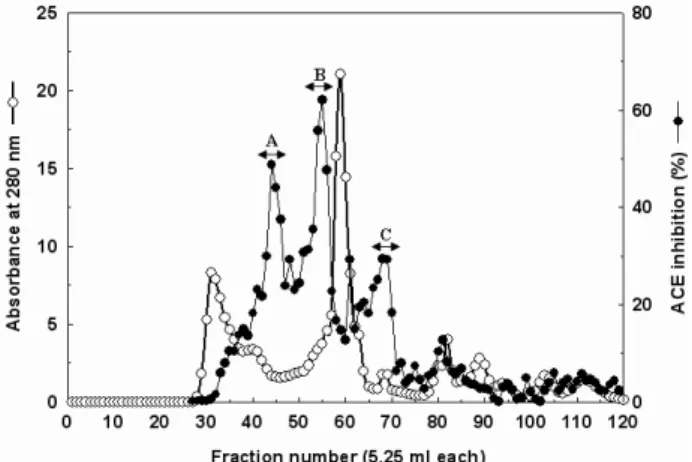 Fig. 1. Gel chromatogram on a Bio-gel P-2 column of salt- salt-fermented squid liver sauce filtered with PM-10 membrane.