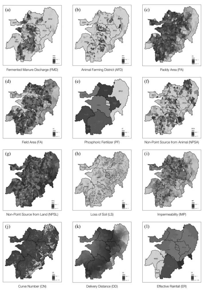 Fig.  3.  GIS  mapping  results  of  each  index  for  NPSI  calculation