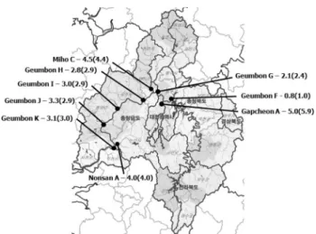 Fig.  2.  Average  BOD 5   concentration  at  the  point  of  water  qua- qua-lity  standards  in  the  watersheds  of  Geum  River  in  2010.