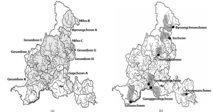 Fig.  3.  Comparison  on  the  area  for  establishment  of  implementation  plan  according  to  excess  of  water  quality  standards  in  the  Geum  River  watershed  (a)  Watershed,  (b)  Tributary.