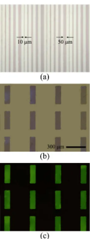 Figure 3. (a) The electroluminescent characteristics  of two OLED devices fabricated by our patterning  method and the conventional shadow mask  process