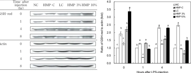 Fig. 4. Effect of Hericium erinaceus mycelia on protein expression of glutathione-reductase from BALB/C mice injected with LPS