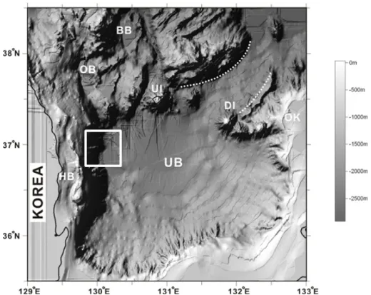 Fig. 1. Shaded bathymetry of the SW East Sea from swath bathymetry data. UB = Ulleung Basin; UI  and DI = Ulleung and Dok Islands; HB and OK = Hupo Basin and Oki Bank; OB and BB  = Onnuri Basin and Bandal Basin