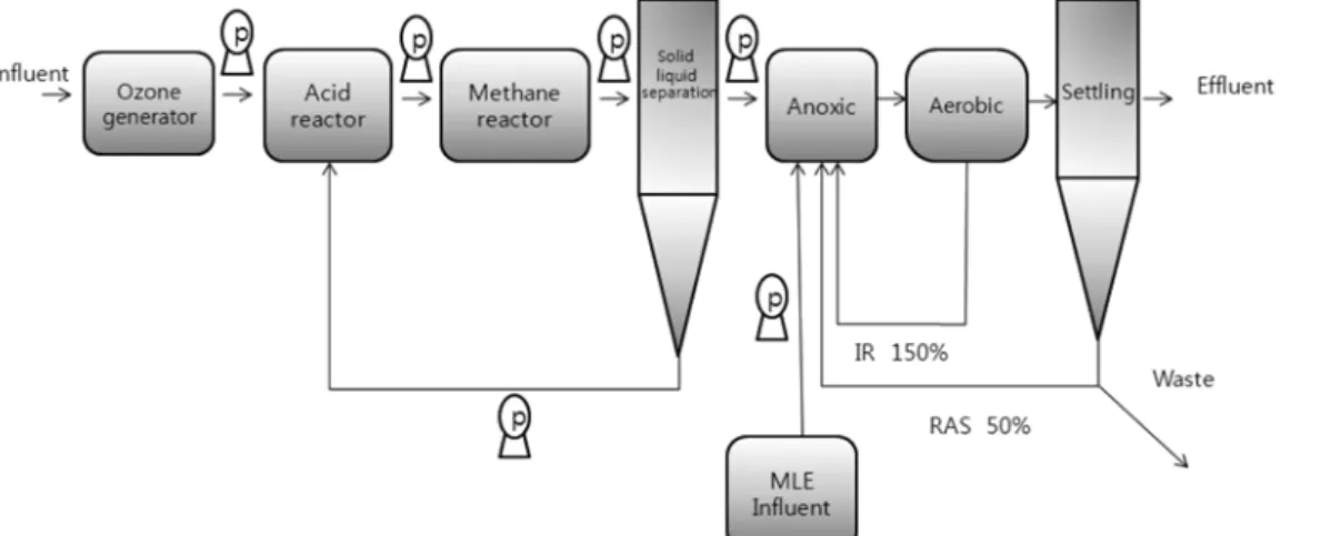 Fig.  1.  Schematic  diagram  of  lab-scale  two-stage  anaerobic  digestion  and  MLE  system.에 대한 유입수 부하율에 따른 처리 효율과 슬러지 발생량을  알아보았다