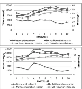 Fig. 3. TSS, VSS concentrations and reduction efficiency in the  sludge from the two-phase anaerobic digestion process.