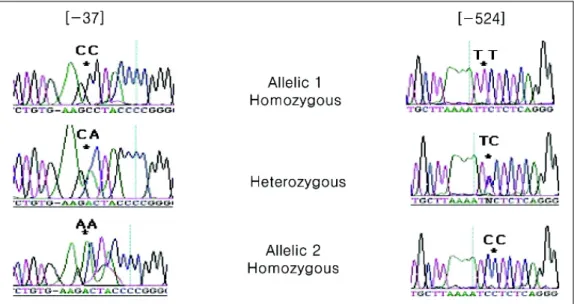 Table 3. Comparison of allele frequency at -37 and  -524 region of RRM1 gene between PCR-RFLP and  RT-PCR