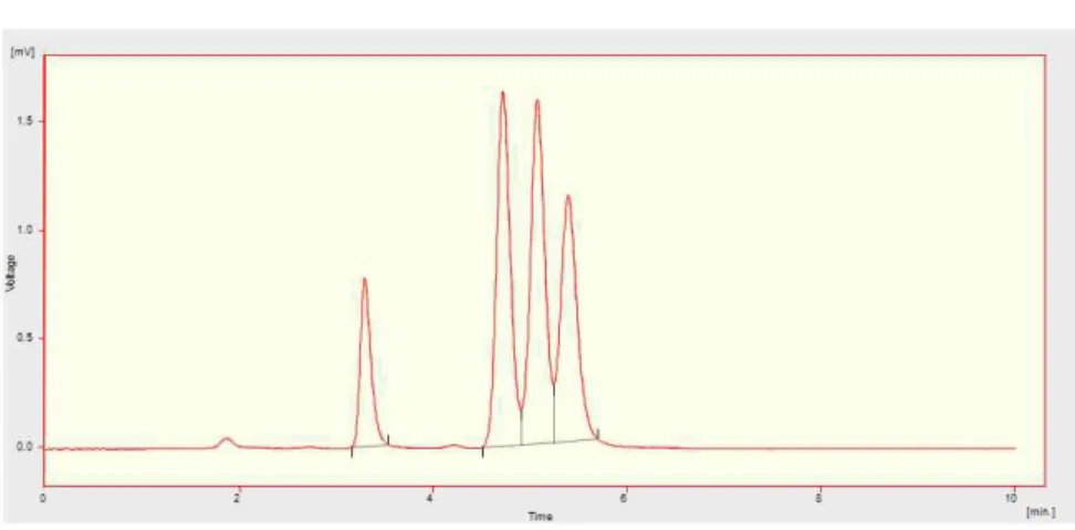 Fig. 1. HPLC separation chromatogram of 4 nucleotide mixtures in a model  sys-tem obtained by Novapak C 18 