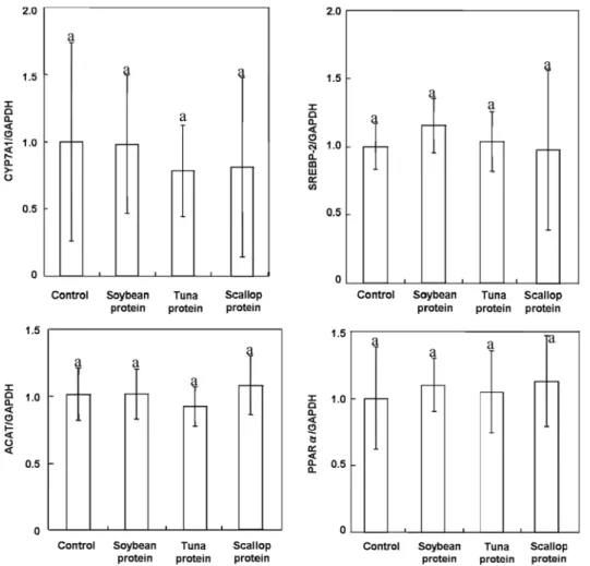 Fig. 1. Relative m-RNA concentrations of CYP7A1, SREBP-2, ACAT, and PPAR- α  in livers of rats fed various experimental