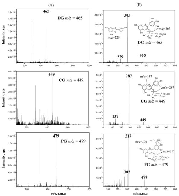 Fig. 3. Full scan mass spectra (A) and MS/MS spectra (B) of anthocyanins (DG, CG, and PG)