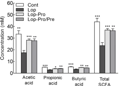 Fig. 5.  Effect of co-administration of probiotics and prebiotics on the short-chain fatty acid content in loperamide-induced constipated rats