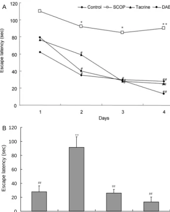 Fig.  1.  Effect  of  the  deer  antler  extract  on  escape  latency  during  the  training  trial  sessions  of  Morris  water  maze  task  in  scopolamine-induced  memory  deficits  rats
