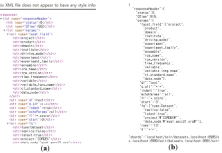 Figure 6. ESGF provides XML(a) and JSON file(b) formats 