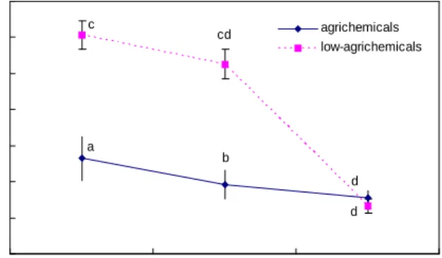 Fig.  1.  Changes  in  vitamin  C  content  of  fresh-cut  lettuce  by  agrichemicals  and  low-agrichemicals  during  storage  at  4 o C