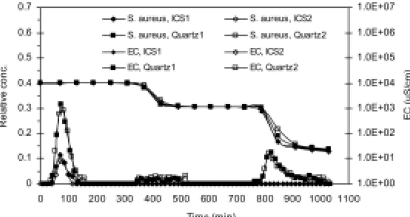 Table 2. Experimental conditions and results for bacterial re- re-lease from quartz and iron-coated sands