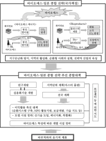 Fig. 5.  일본  바이오매스ㆍ일본  종합전략의  추진. 출처:  일본  농림수산성, 2004 있다.  일본에서는  “바이오매스․일본”의  원활한  실현을  위 하여  해결해야할  과제에  대해  실시주체  및  실시시기와  역 할을  분명히  명시한  구체적  행동계획을  제시하여, “바이오 매스․일본  종합전략”을  통해  추진하고  있다