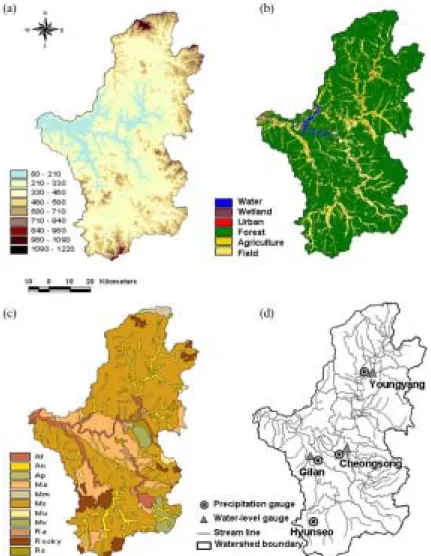 Fig. 2. Input data used for model construction and delineated sub-watersheds: (a) DEM, (b) landcover type distribution, (c) soil  type distribution, (d) sub-watersheds.