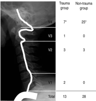 Fig. 1. Classification of segments of the vertebral artery and comparison of the lesions between trauma and  non-trauma group