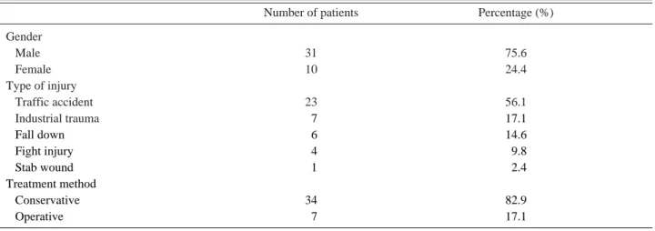 Table 1. Characteristic of the patients, the type of injury and the treatment method