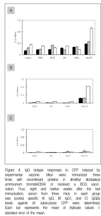 Figure  4.  IgG  isotype  responses  to  CFP  induced  by  experimental  vaccine.  Mice  were  immunized  three  times  with  recombinant  proteins  in  dimethyl  dioctadecyl  ammounium  bromide(DDA)  or  received  a  BCG  vacci