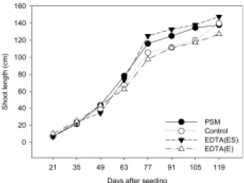 Fig. 2. Effects of EDTA or phosphate solubilizing microor- microor-ganism treatment on the shoot length of green fox  tail grown in the soil column for 14 weeks.